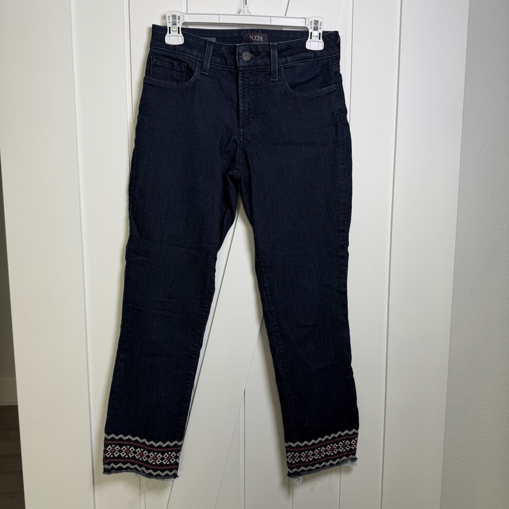 NYDJ Women's Sheri Slim Jeans Dark Wash Size 2 Embroidered Hem Lift Tuck